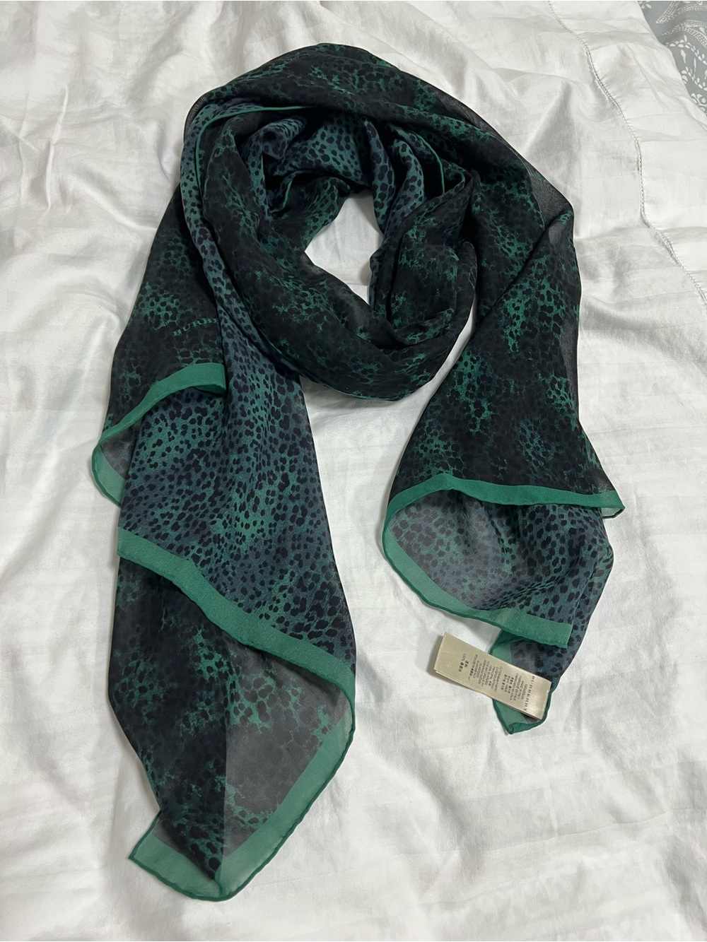 Burberry Green and Black Leopard-Print Silk Scarf